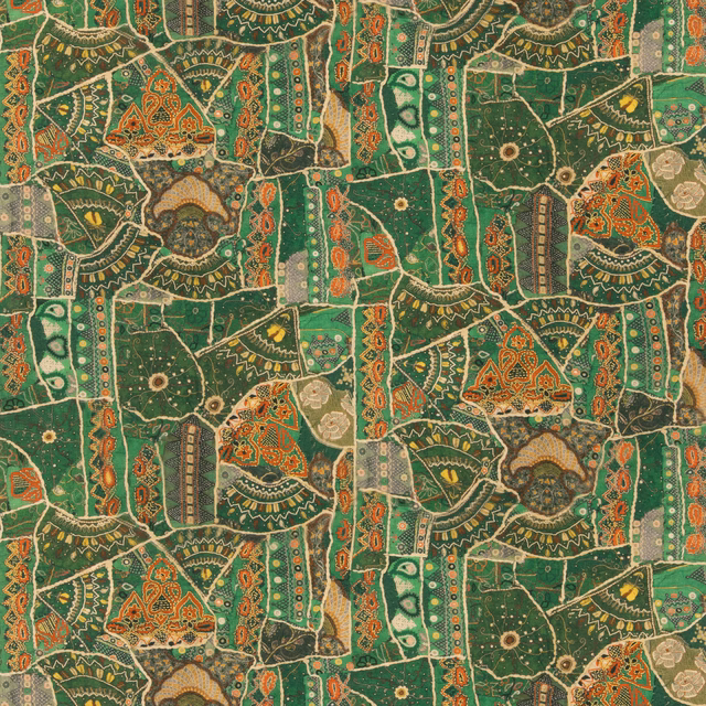 Jewel green patchwork textile with rust, cream and ochre ornamental motifs