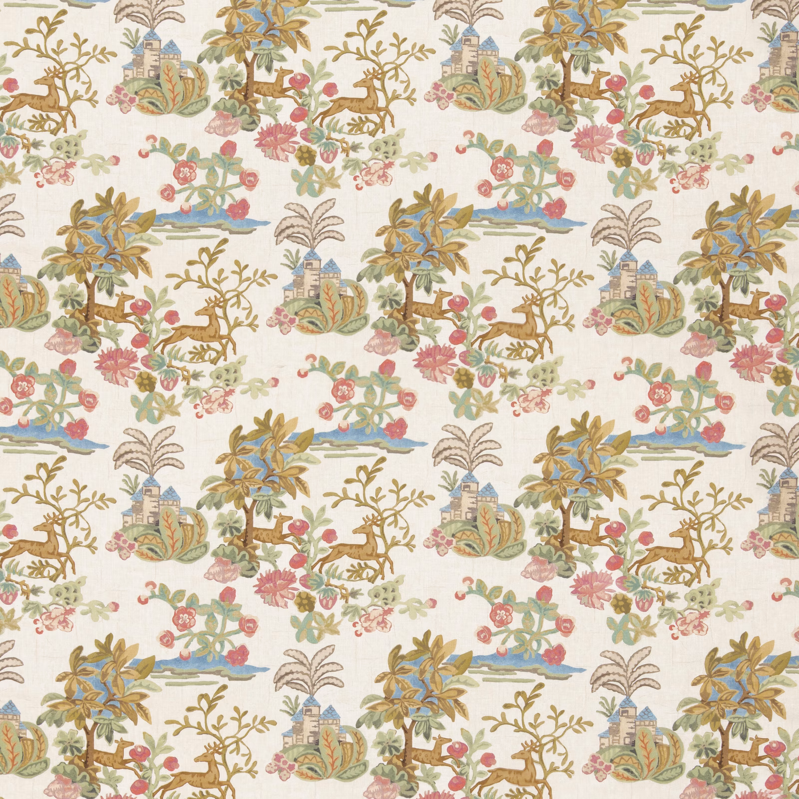 Ivory scenic fabric with palms, towers, animals, flowers and muted blue-green details