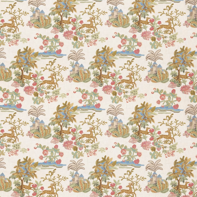 Ivory scenic fabric with palms, towers, animals, flowers and muted blue-green details