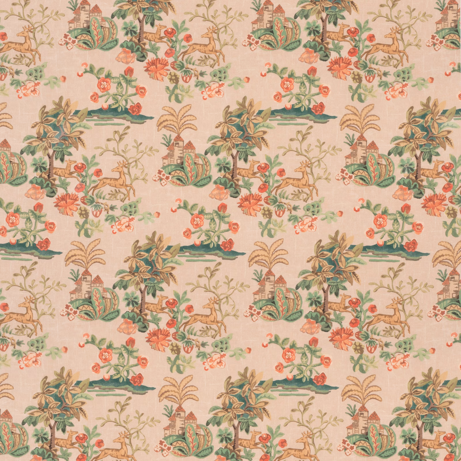 Blush plaster ground with pagodas, deer, palms, flowers and sage foliage