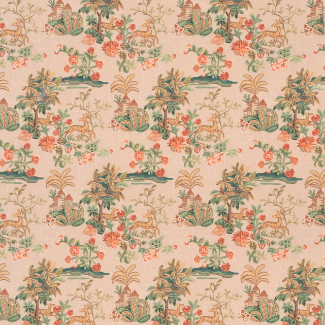 Blush plaster ground with pagodas, deer, palms, flowers and sage foliage