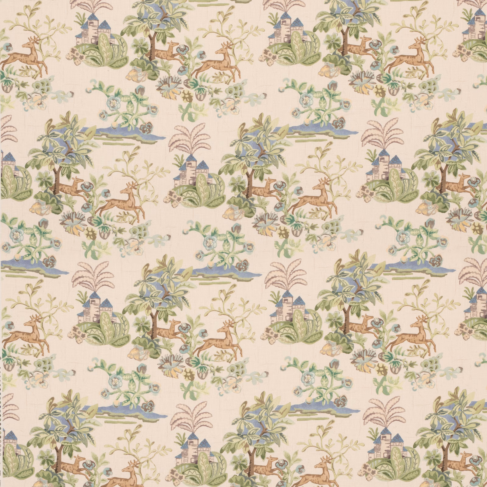 Ivory scenic fabric with sage trees, blue castles, deer and delicate botanical details