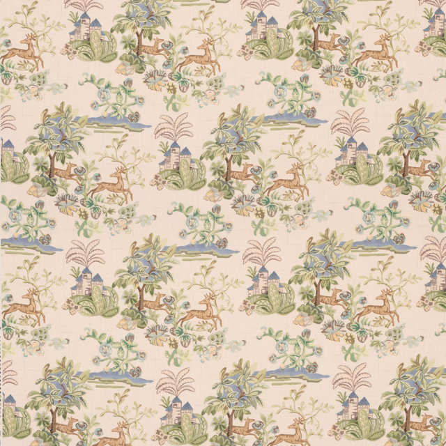 Ivory scenic fabric with sage trees, blue castles, deer and delicate botanical details