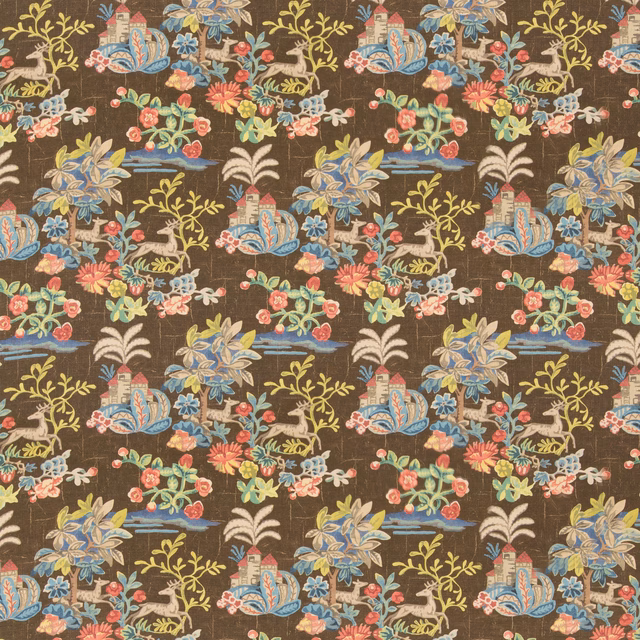 Cocoa brown fabric with coral, blue and cream floral scenes and ornate motifs