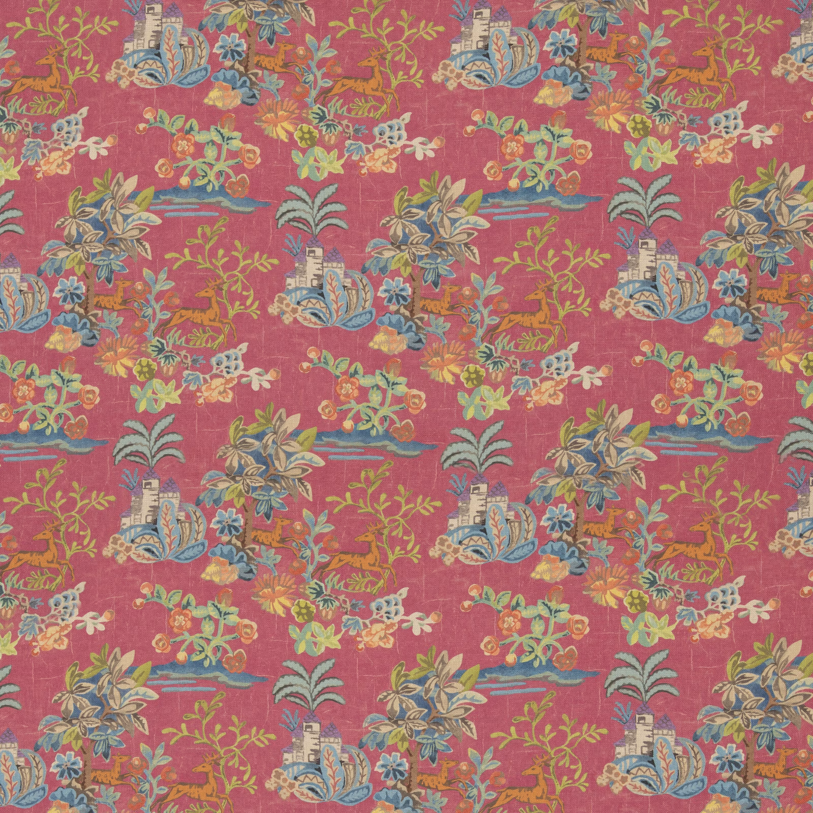 Fuchsia fabric with pagodas, flowers, foliage and teal botanical details