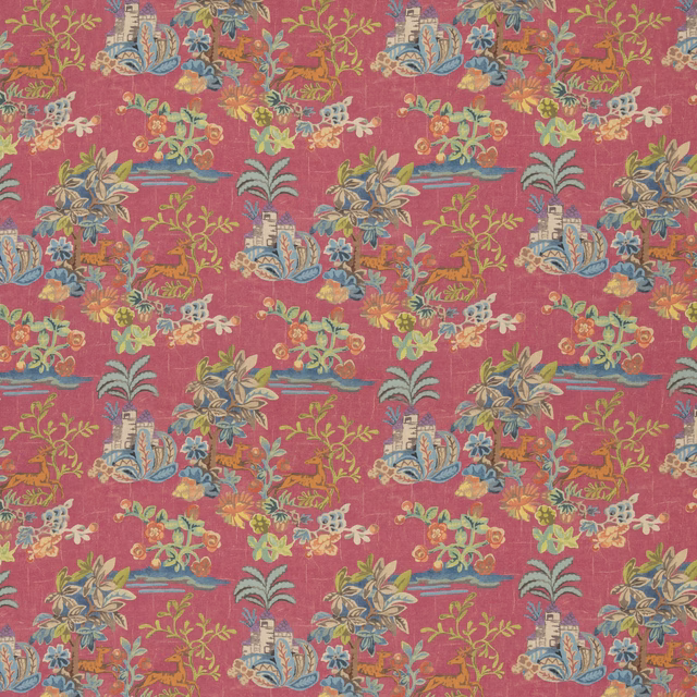 Fuchsia fabric with pagodas, flowers, foliage and teal botanical details