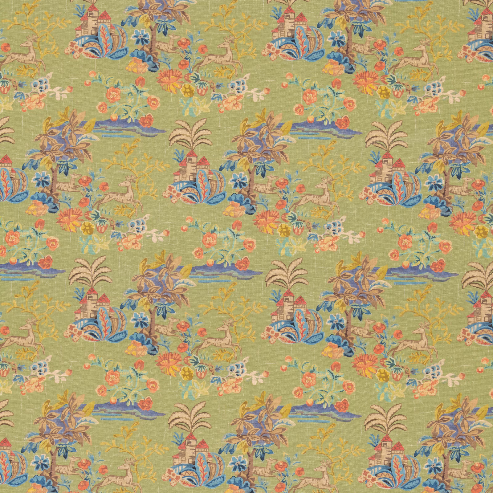 Spring green woven fabric with coral flowers, blue motifs and whimsical scenic repeats