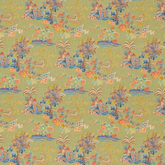 Spring green woven fabric with coral flowers, blue motifs and whimsical scenic repeats