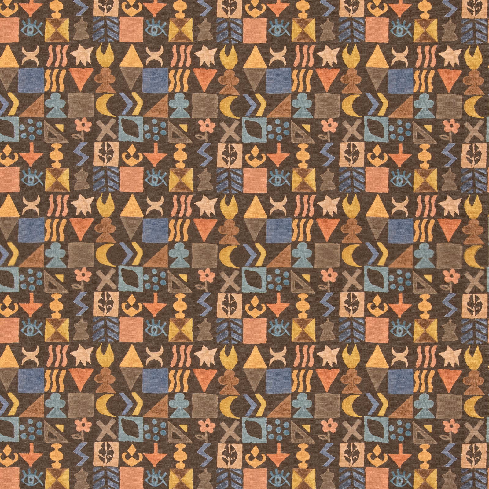Chocolate brown fabric with repeated geometric motifs in ochre, rust, blue and cream