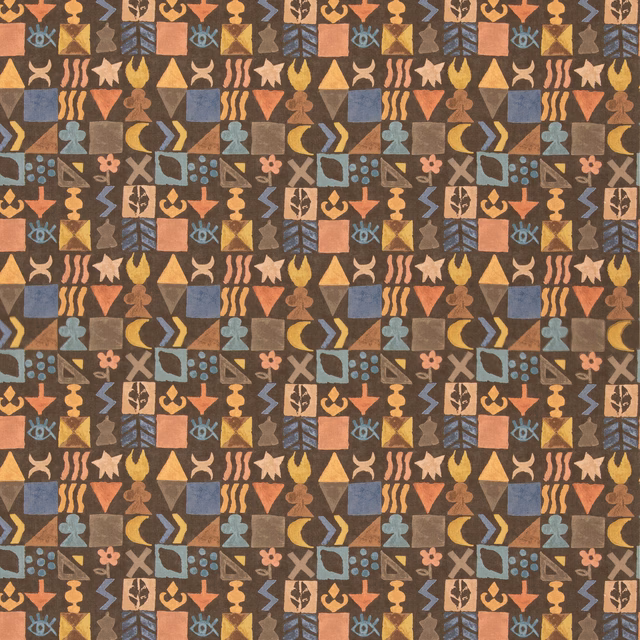 Chocolate brown fabric with repeated geometric motifs in ochre, rust, blue and cream