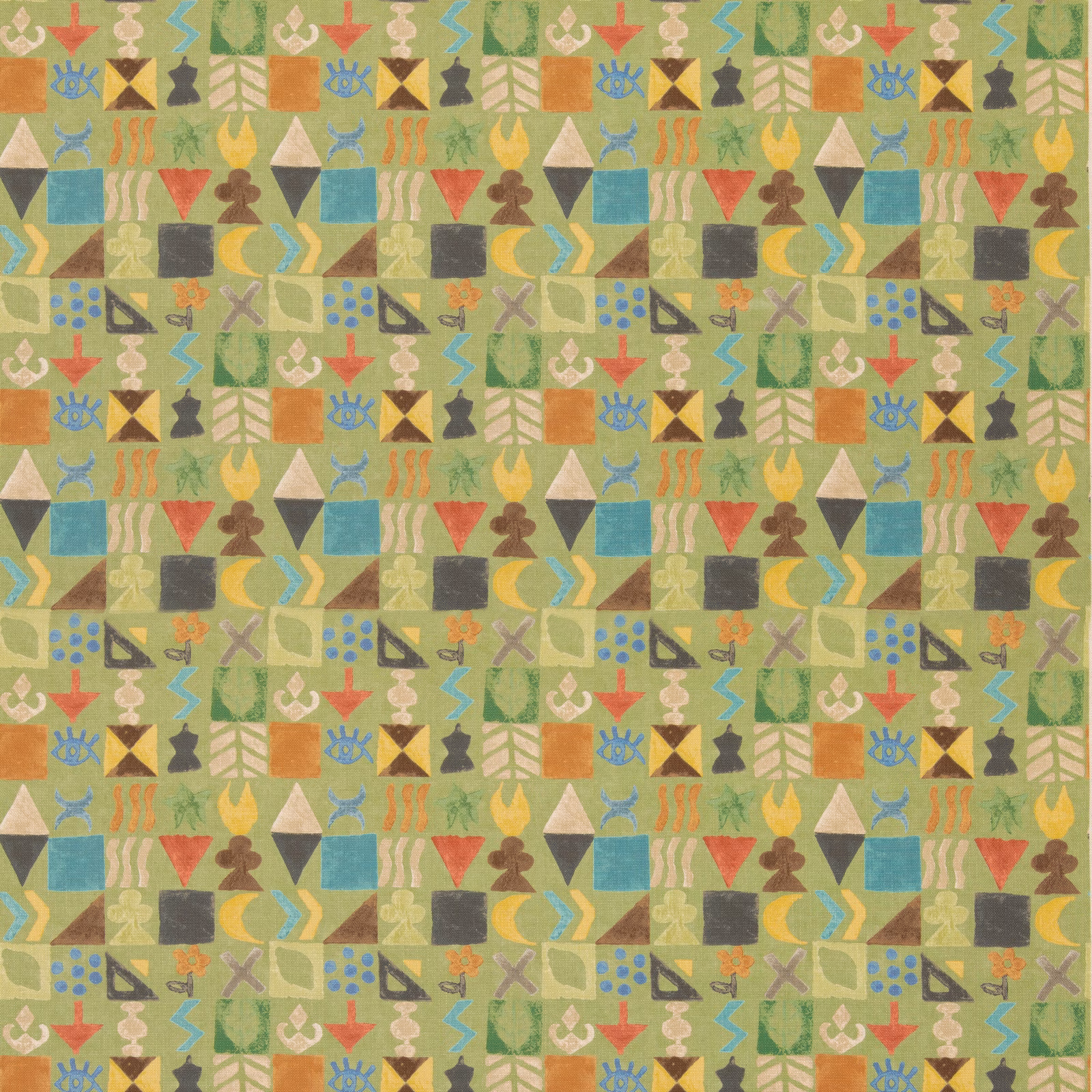 Muted moss-green geometric fabric with coral, ochre, teal and charcoal repeating motifs