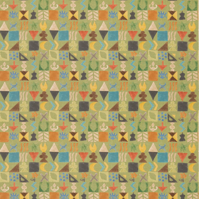 Muted moss-green geometric fabric with coral, ochre, teal and charcoal repeating motifs