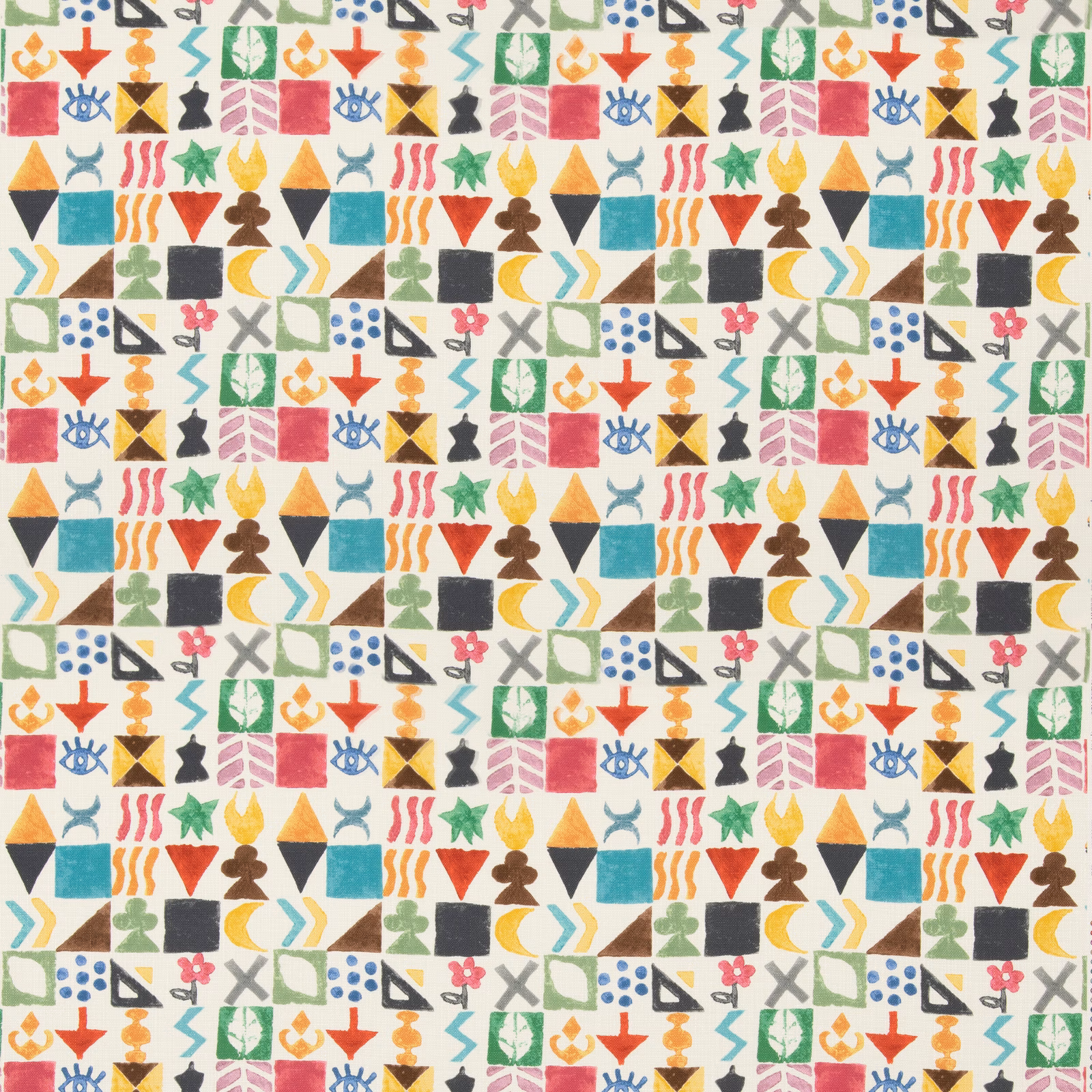 Cream fabric with colourful geometric symbols in turquoise, coral, mustard and green