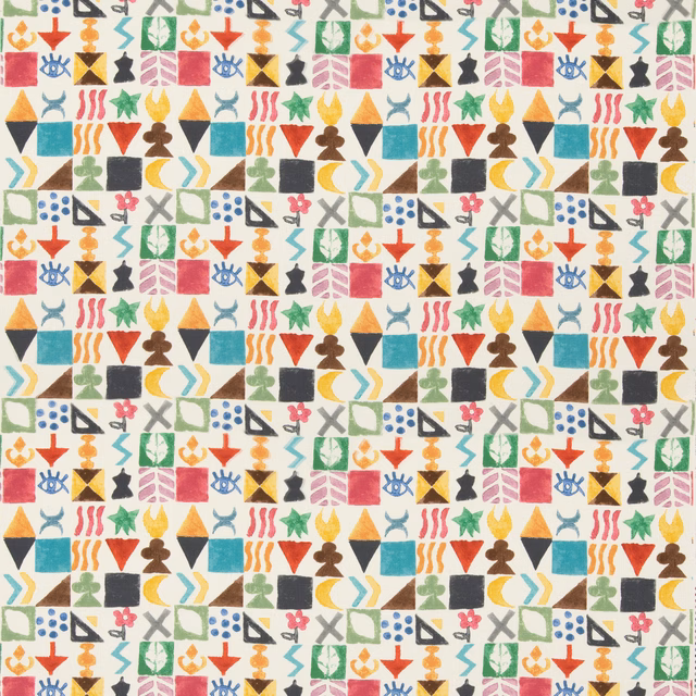 Cream fabric with colourful geometric symbols in turquoise, coral, mustard and green