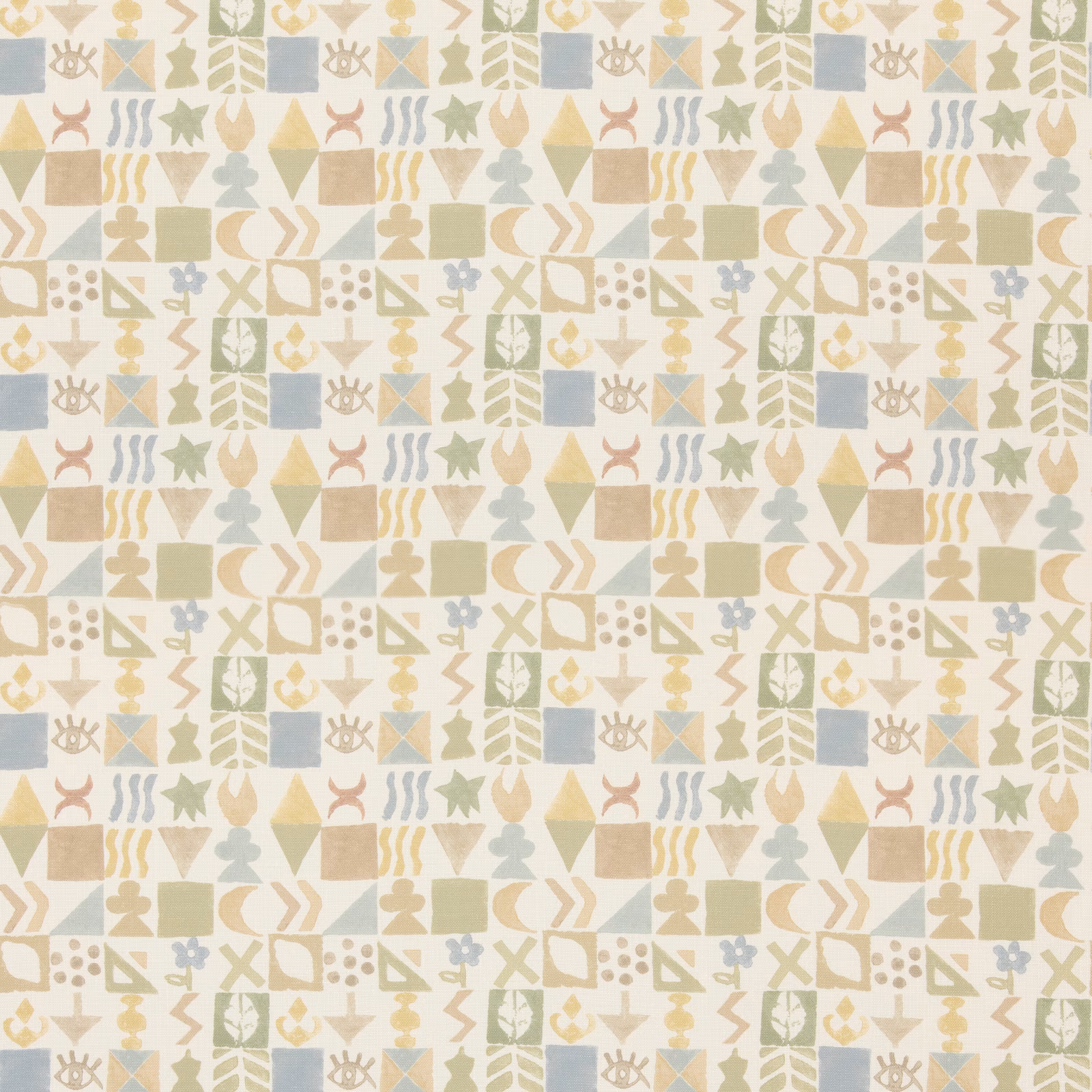 Cream fabric with sage geometric leaves, pale blue squares and ochre motifs