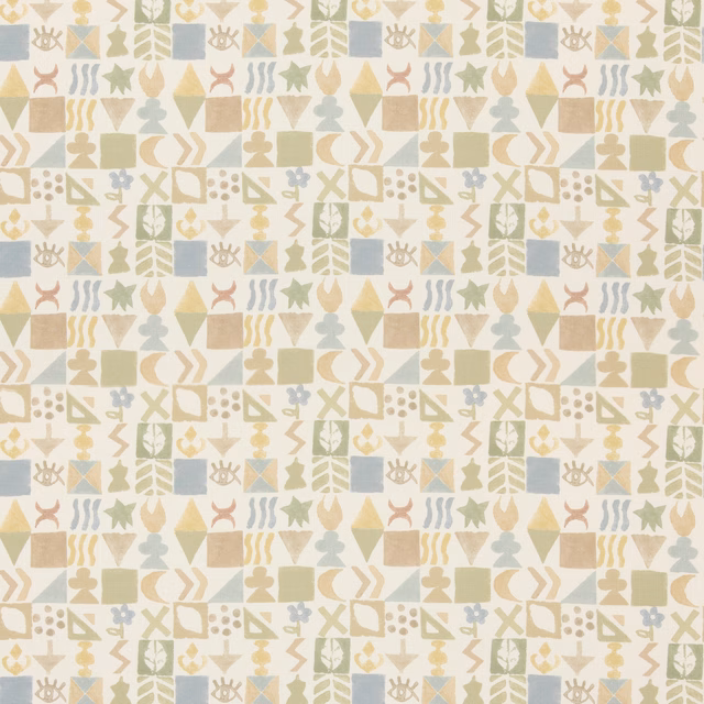 Cream fabric with sage geometric leaves, pale blue squares and ochre motifs