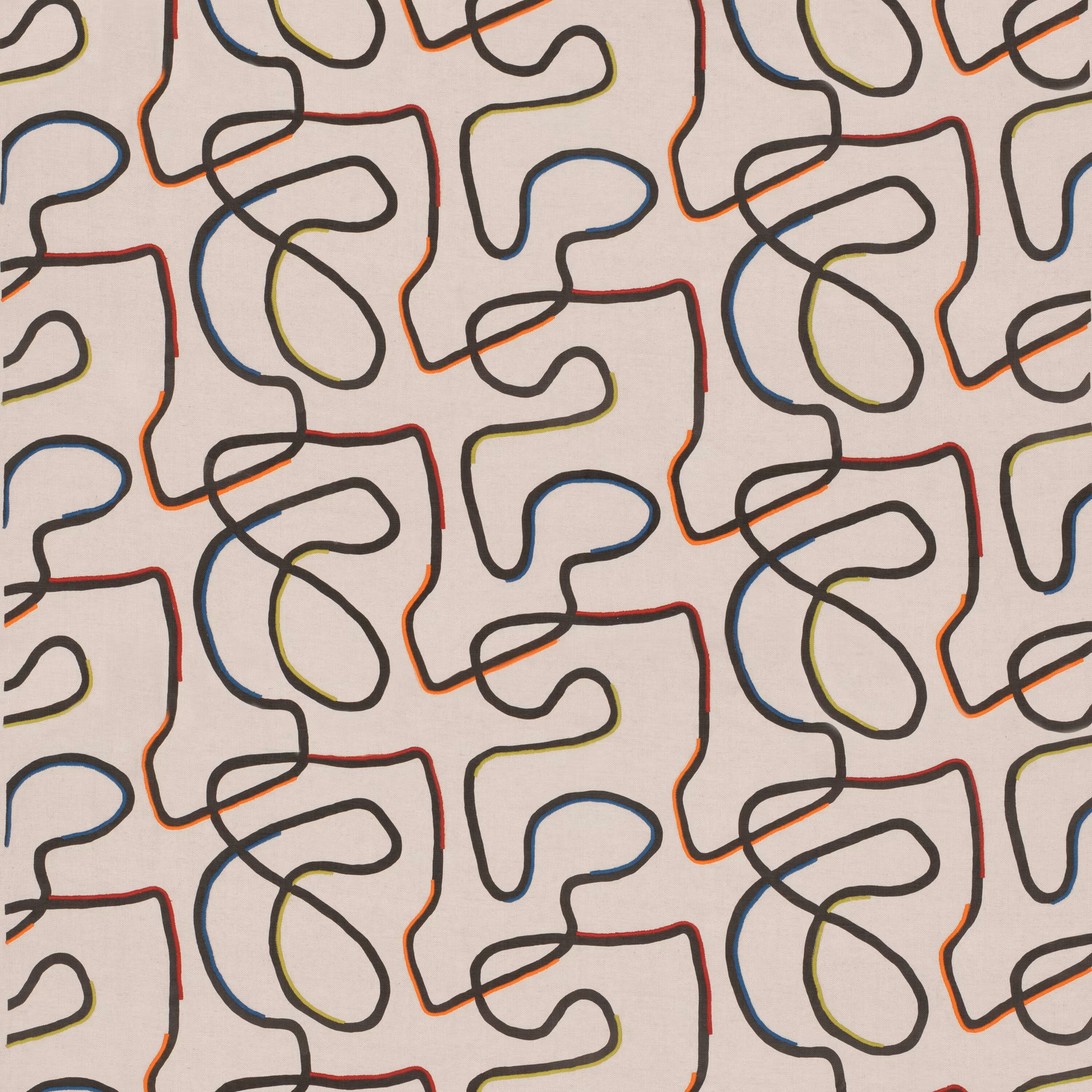 Ivory woven fabric with looping charcoal outlines and red, blue, olive and orange accents