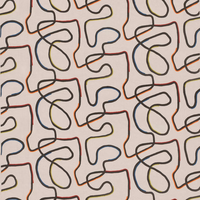 Ivory woven fabric with looping charcoal outlines and red, blue, olive and orange accents