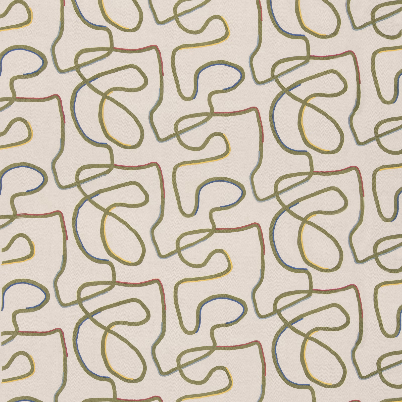 Cream fabric with looping sage, olive, blue, ochre and terracotta line motifs