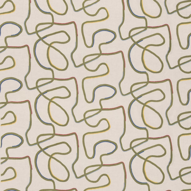 Cream fabric with looping sage, olive, blue, ochre and terracotta line motifs