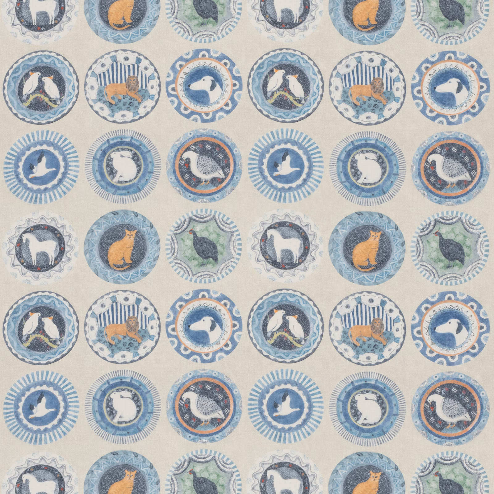 Blue and cream animal medallions with illustrated cats, dogs and birds