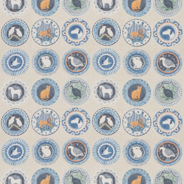 Blue and cream animal medallions with illustrated cats, dogs and birds