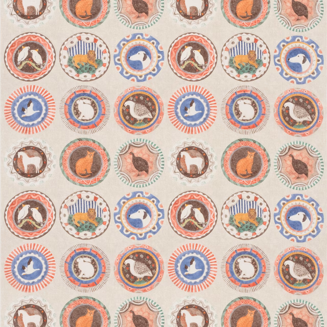 Cream fabric with coral, teal and blue circular animal medallions