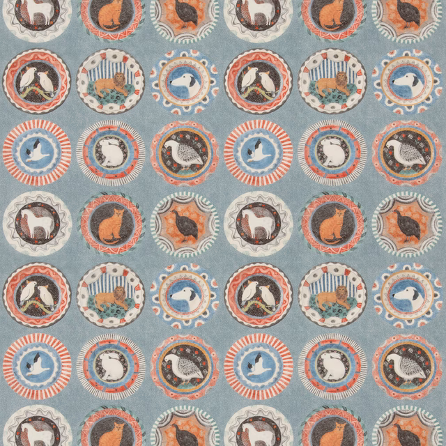 Dusty teal fabric with illustrated animal medallions in coral, cream and rust