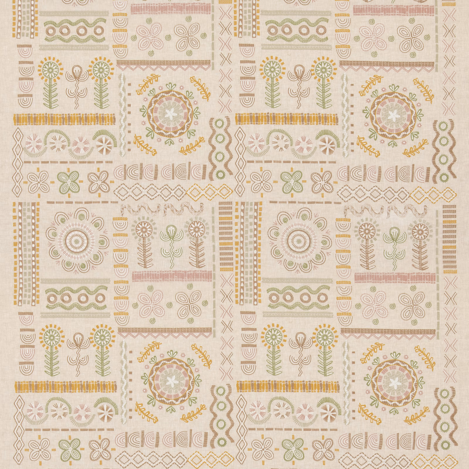 Warm plaster fabric with muted botanical motifs, floral medallions and geometric borders