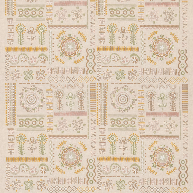 Warm plaster fabric with muted botanical motifs, floral medallions and geometric borders
