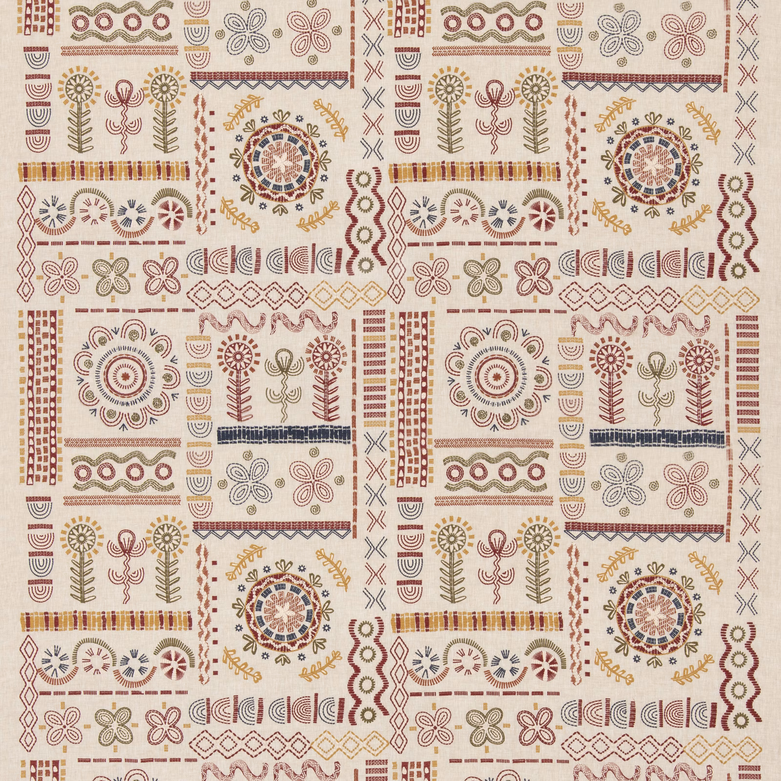 Warm ivory fabric with muted red, olive, ochre and grey folk motifs
