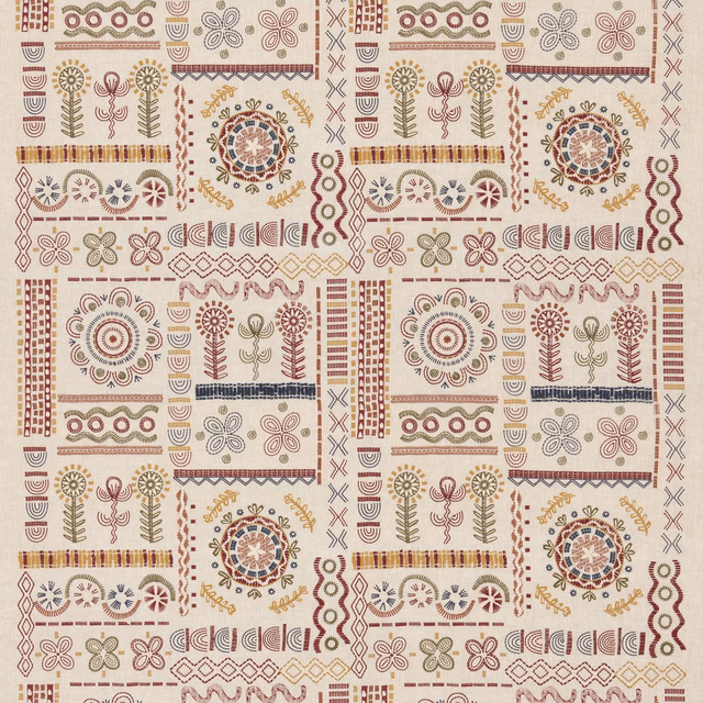 Warm ivory fabric with muted red, olive, ochre and grey folk motifs