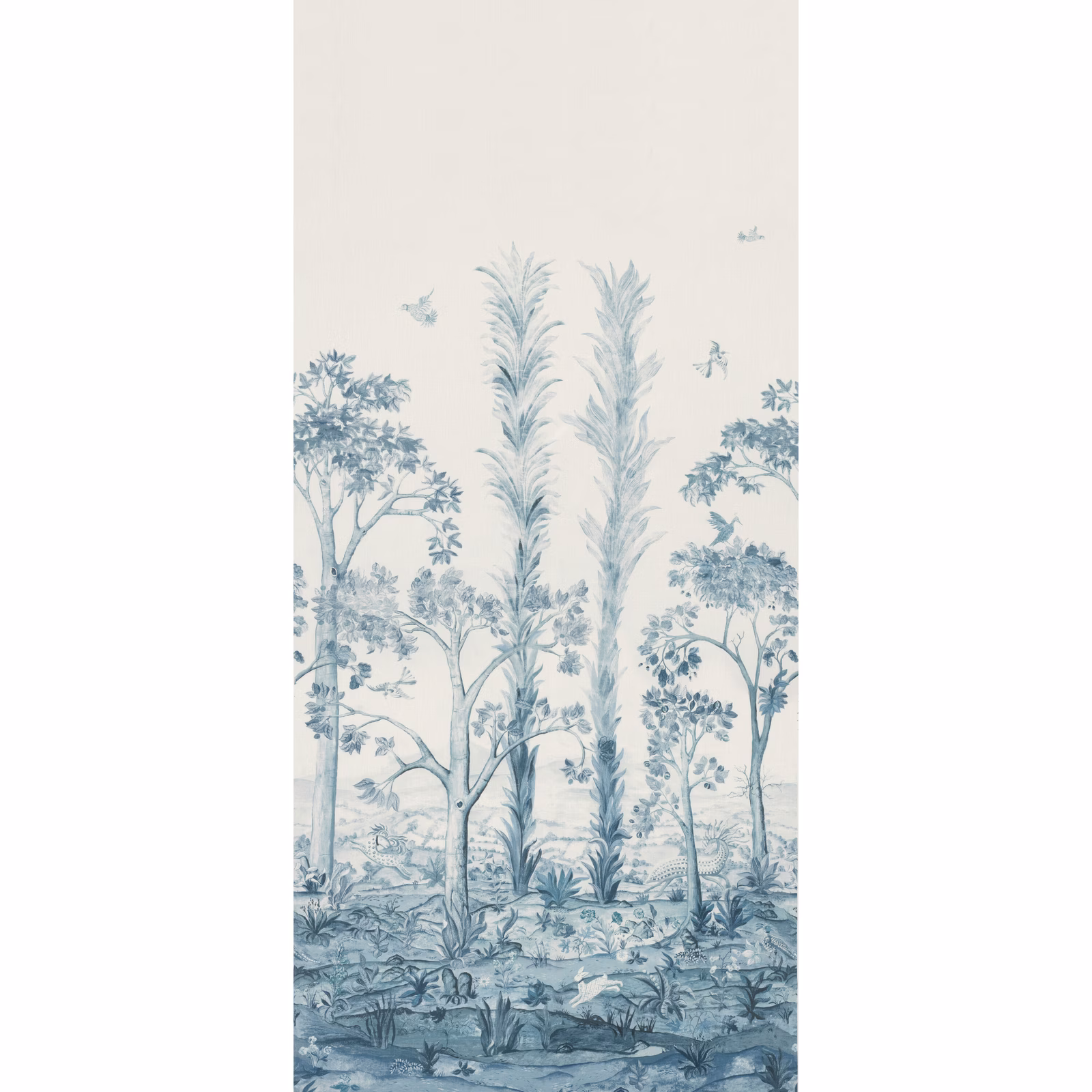 Pale Delft blue scenic forest print with tall trees, birds and layered undergrowth