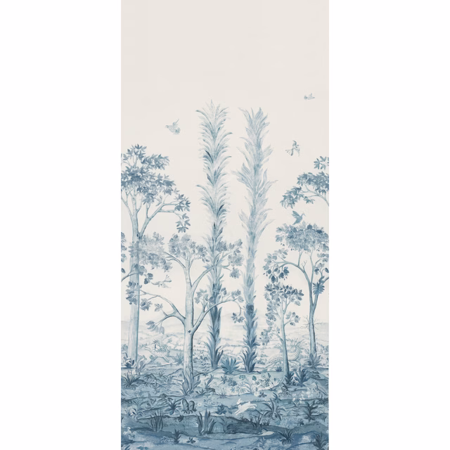 Pale Delft blue scenic forest print with tall trees, birds and layered undergrowth