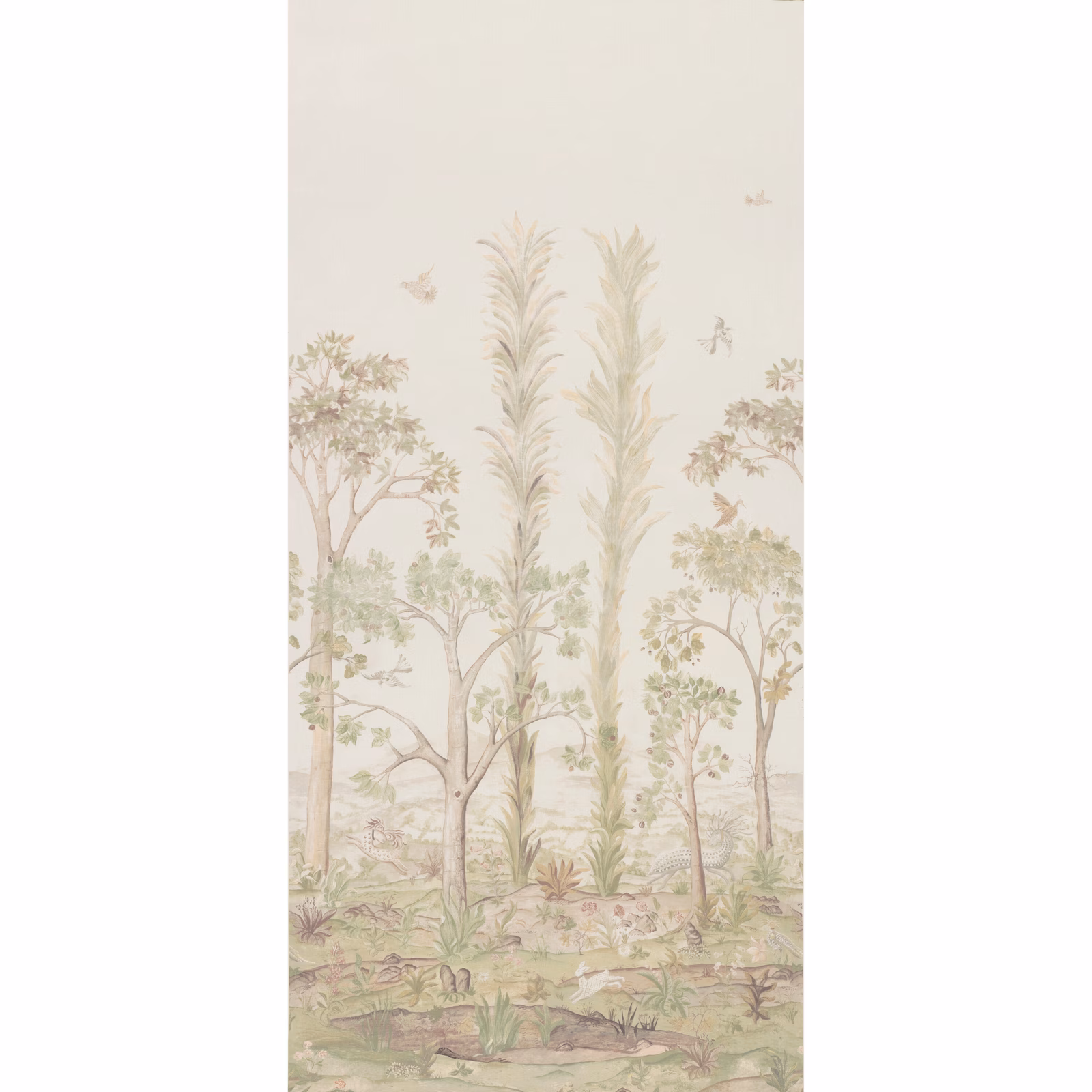 Soft green woodland panel with tall grasses, trees, birds and layered undergrowth