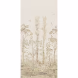 Soft green woodland panel with tall grasses, trees, birds and layered undergrowth
