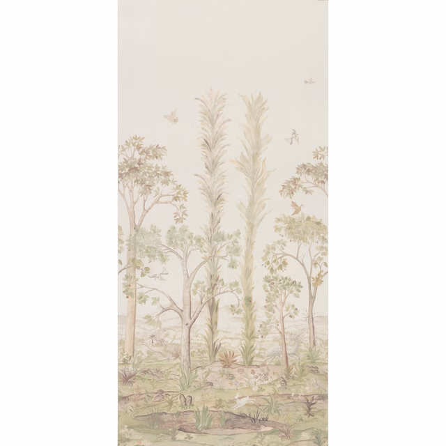 Soft green woodland panel with tall grasses, trees, birds and layered undergrowth