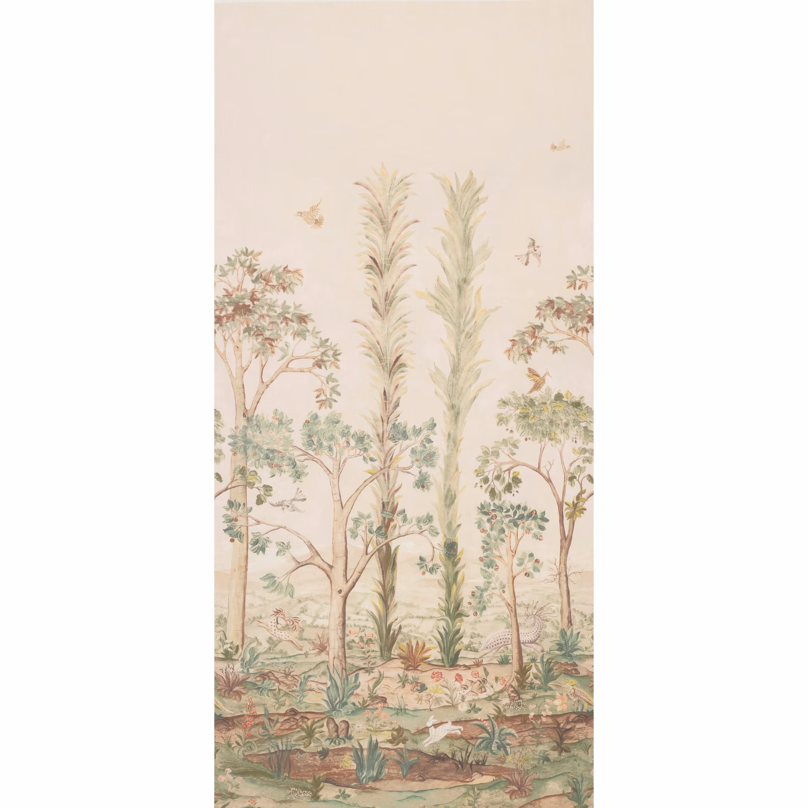 Warm ivory scenic fabric with sage trees, terracotta foliage and delicate woodland birds