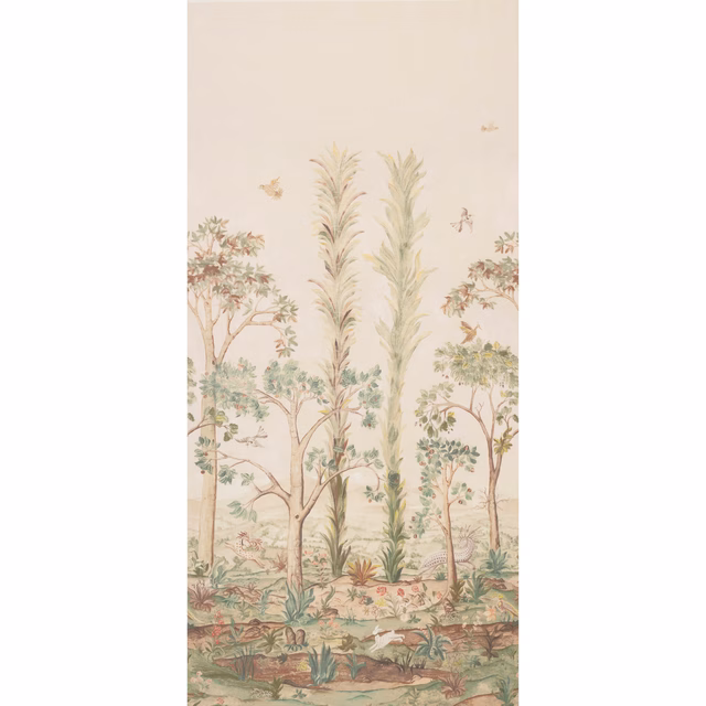 Warm ivory scenic fabric with sage trees, terracotta foliage and delicate woodland birds