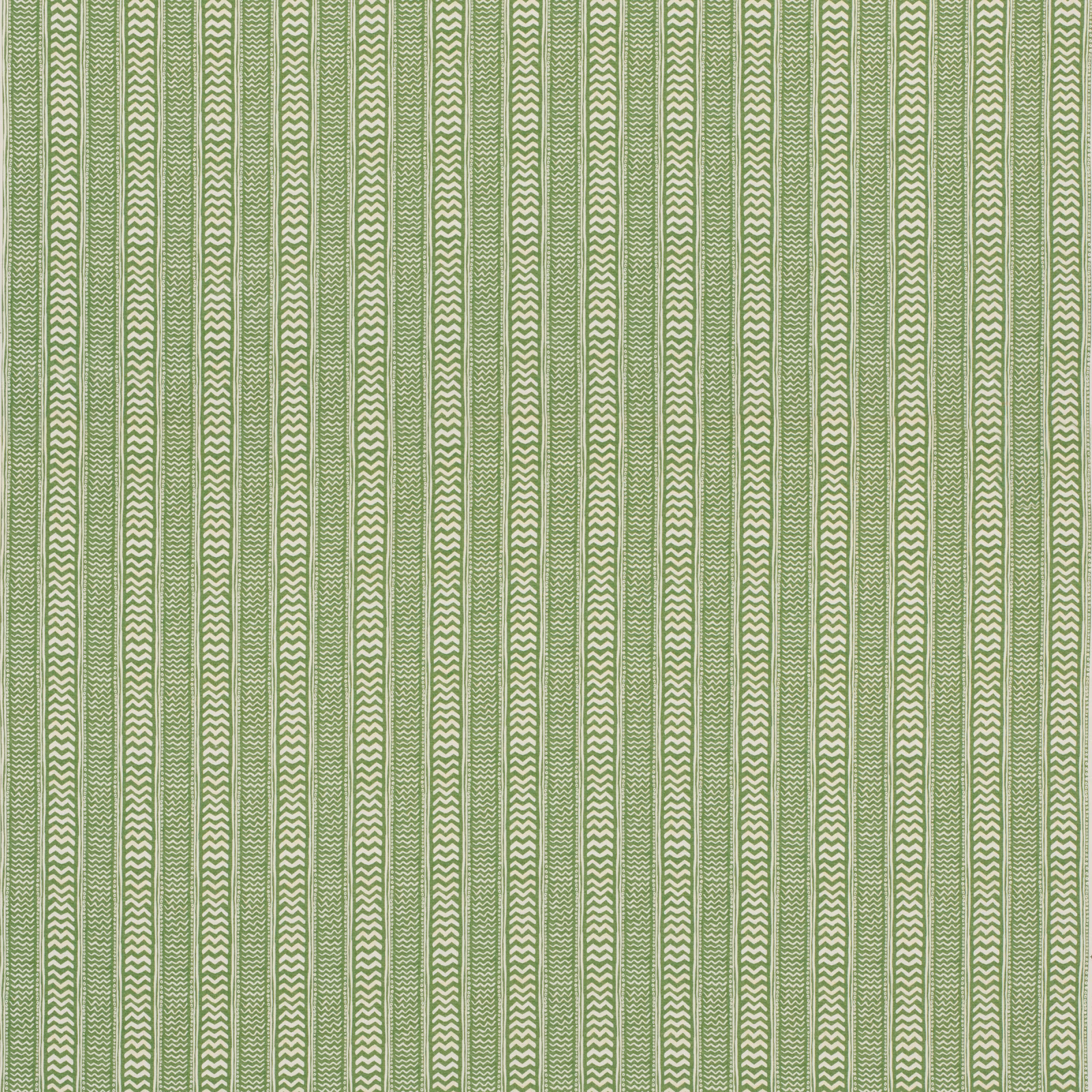 Sage green and ivory vertical stripes with fine chevron detailing on cotton