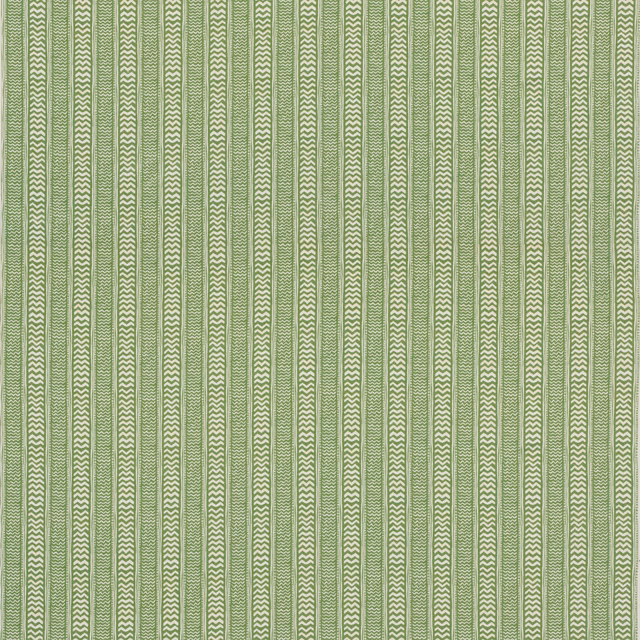 Sage green and ivory vertical stripes with fine chevron detailing on cotton