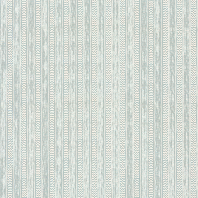 Pale teal and white vertical stripe fabric with fine repeating chevrons