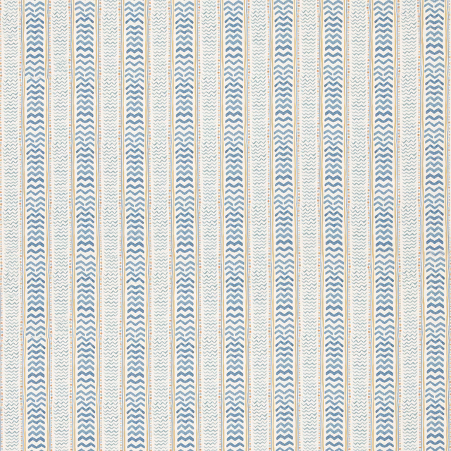 Pale cream textile with alternating blue zigzag stripes and fine yellow lines