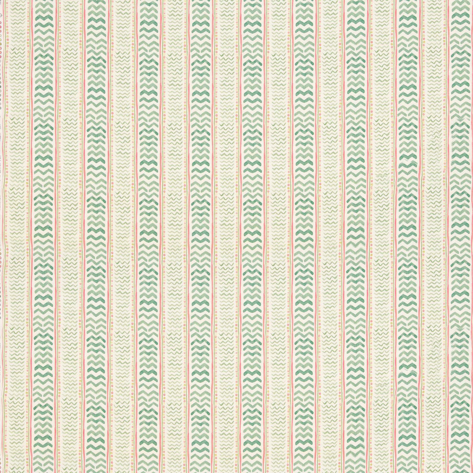 Cream fabric with vertical sage chevrons and fine pink stripe accents
