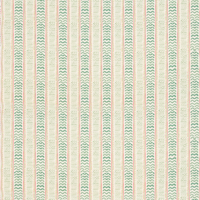 Cream fabric with vertical sage chevrons and fine pink stripe accents