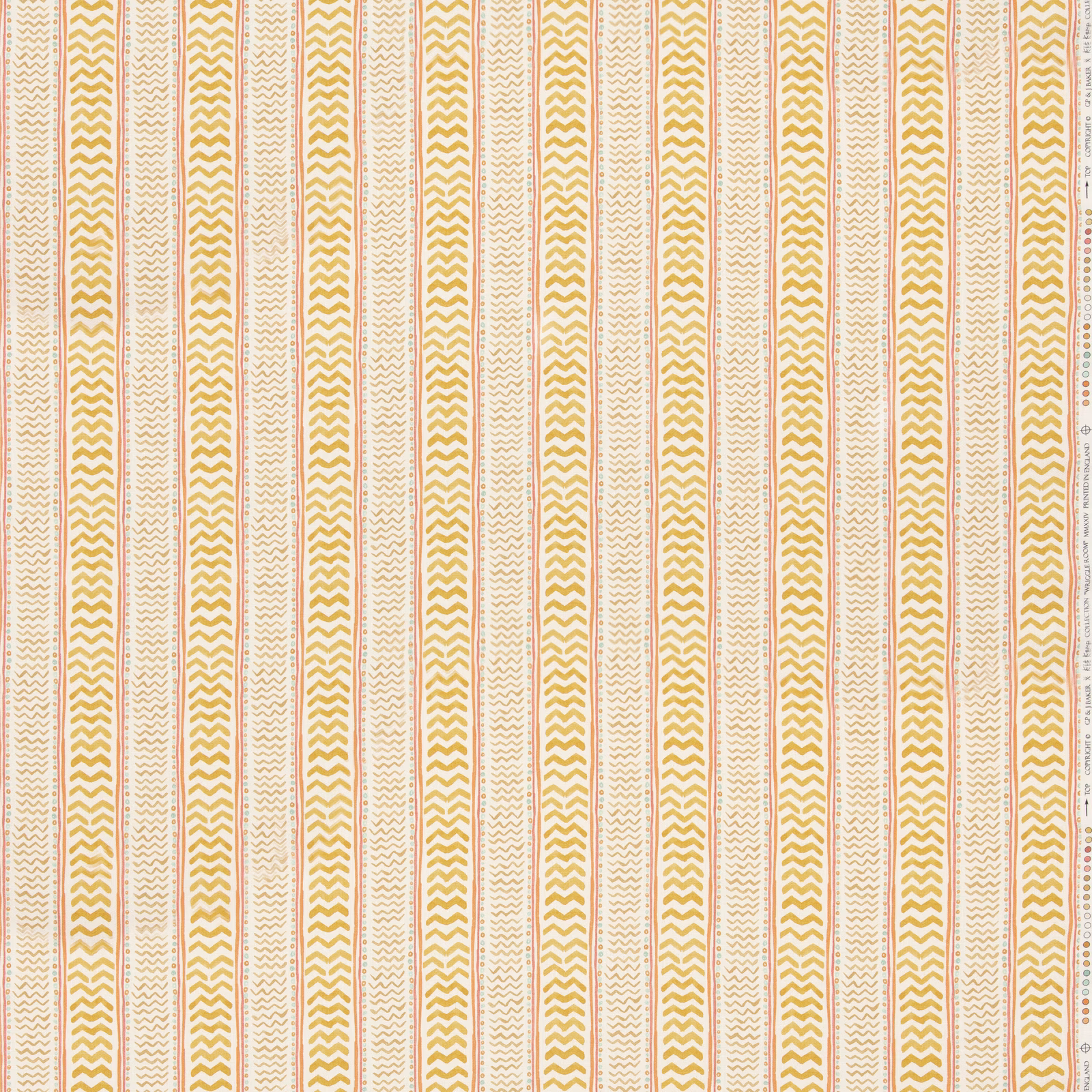 Warm ochre chevron stripes on an ivory woven fabric with fine linear texture