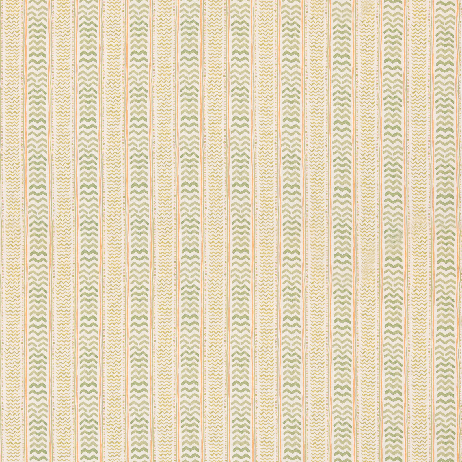 Muted sage chevrons and fine ochre lines form vertical stripes on cream fabric