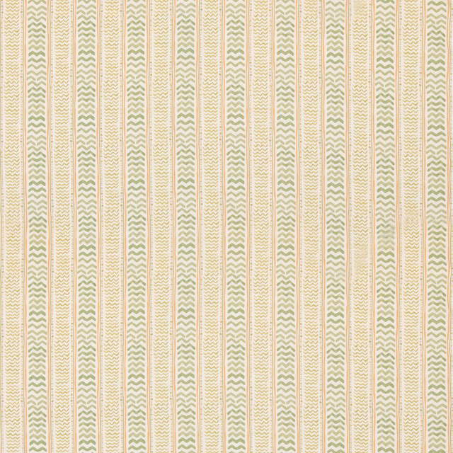 Muted sage chevrons and fine ochre lines form vertical stripes on cream fabric