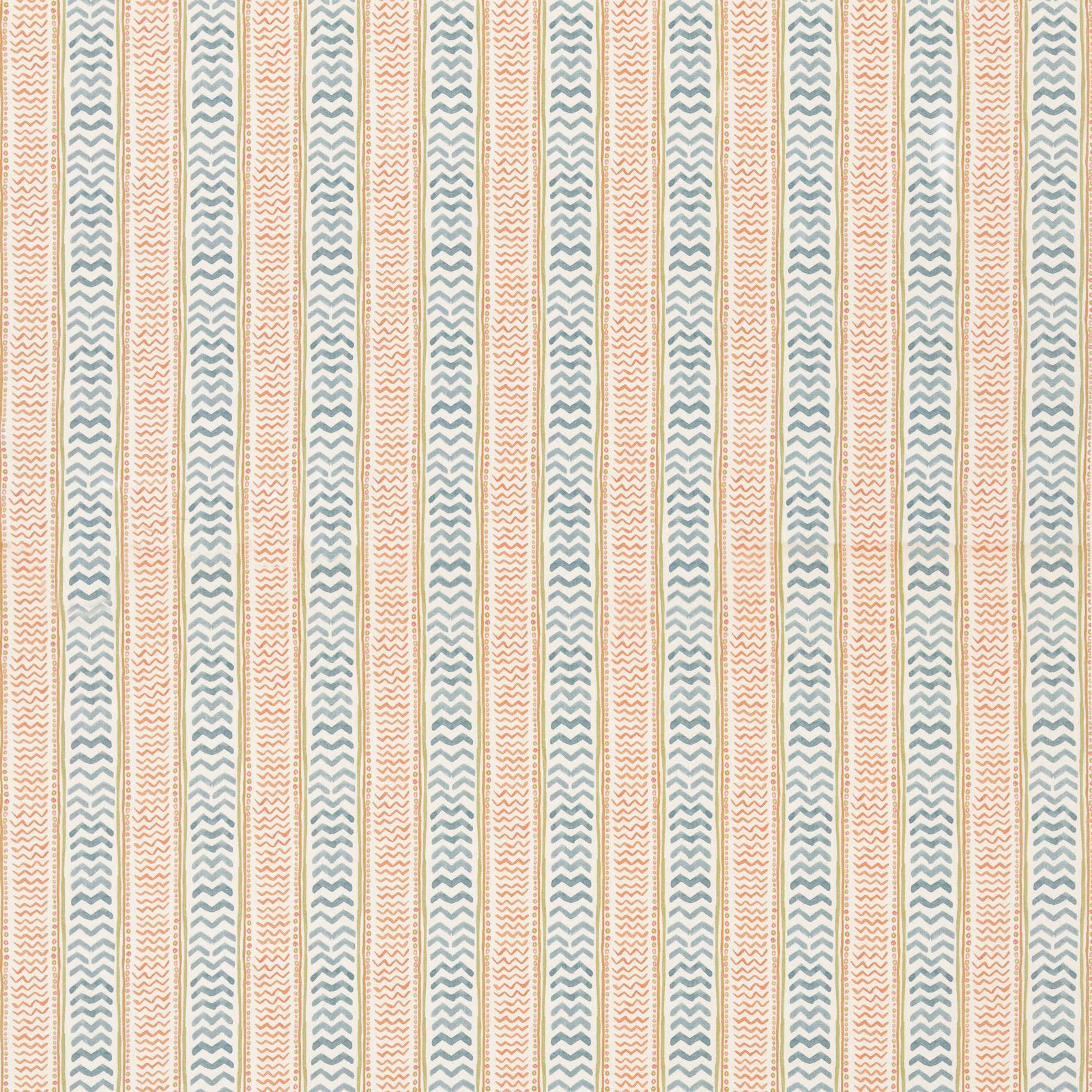 Cream-ground textile with alternating teal and spice zigzag stripes
