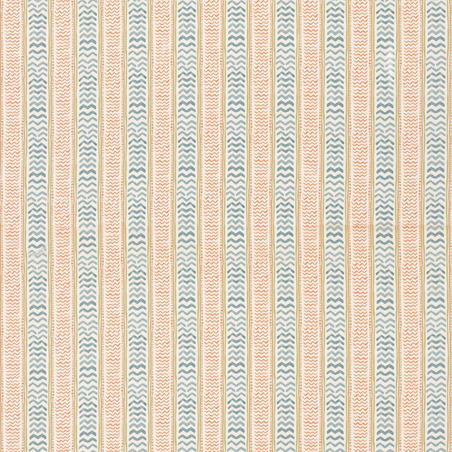 Cream-ground textile with alternating teal and spice zigzag stripes